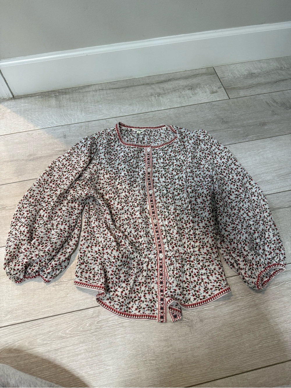Cream Blouse with Red Floral Print